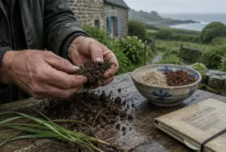 Hands examining contrasting Breton soil samples on a weathered wooden workbench beside a garden.