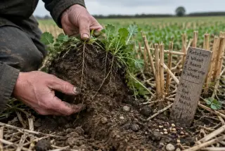 Farmer examining cover crop roots and soil beside harvested field stubble with handwritten rotation notes.