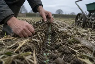 Hands revealing young seedlings emerging through a layer of cover-crop mulch in a field.